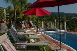 a pool with chairs and umbrellas next to a pool at Villa Bella Bed & Breakfast Inn in Cruz de Huanacaxtle