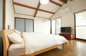 a bedroom with a bed and a flat screen tv at 能生の家 in Itoigawa