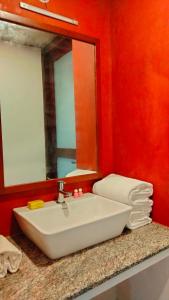 een badkamer met een witte wastafel en een spiegel bij Harmony in Auroville
