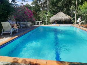 a large blue swimming pool with a gazebo at Selvablanca Hostel in San Jerónimo