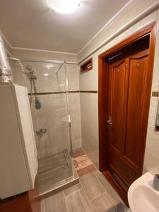 ein Bad mit einer Dusche und einer Glastür in der Unterkunft Hellasz Apartman in Gyula