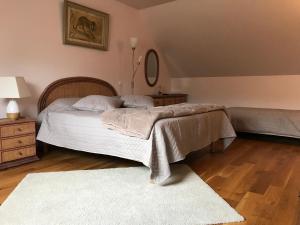 um quarto com 2 camas e um espelho em Relais du Chat Prosper em Lescherolles