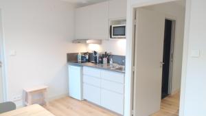 波尔多Appartement rénové 1 chambre centre historique的小厨房配有白色橱柜和微波炉 更多27张照片