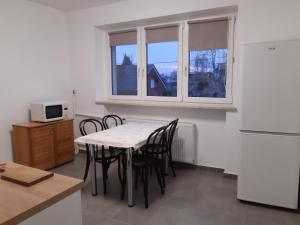 La cuisine est équipée d'une table, de chaises et d'un réfrigérateur. dans l'établissement Kwatery Pokoje Mira, à Poznań