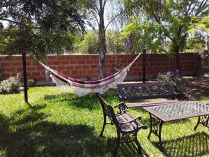 a hammock and a table and chairs in a yard at Irundy Apartments in Federación