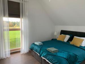 1 dormitorio con 1 cama y ventana grande en Green Hill House, en Līgatne