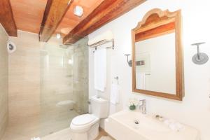 bagno con servizi igienici, lavandino e specchio di Hotel Boutique Casa del Coliseo a Cartagena de Indias
