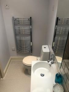 a bathroom with a white toilet and a sink at The Garden Loft in Freethorpe