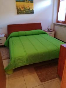 a bed with a green comforter in a bedroom at BEST HOUSE CAMPO DI GIOVE in Campo di Giove