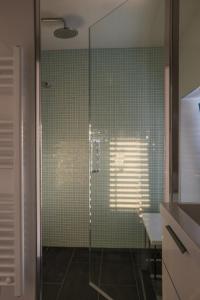 a glass shower in a bathroom with green tiles at Penthouse in old Dalmatian house - Flybridge in Hvar