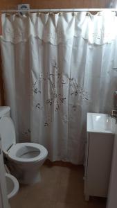 a bathroom with a toilet and a shower curtain at Depto con vista al mar in Mar del Plata