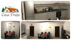 two pictures of a kitchen with a table and chairs at Casa Truța in Topliţa