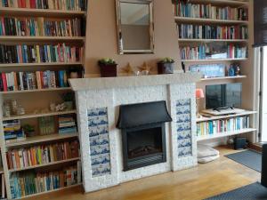 a living room with a fireplace and book shelves at APARTMENT BY THE SEA Bed by the Sea in Vlissingen