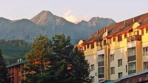 a view of a building with mountains in the background at Apartman Glacier in Tatranska Strba