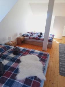 a bedroom with a bed and a white rug at Apartman Glacier in Tatranska Strba