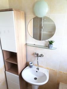 a bathroom with a sink and a mirror at Apartman Glacier in Tatranska Strba +39 photos