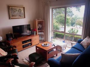 a living room with a tv and a blue couch at Rosewood Park Guest Suite in Yarragon