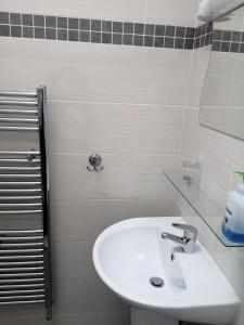 y baño con lavabo blanco y ducha. en Delphi Lodge, en Donaghmore
