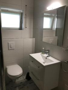 ein Badezimmer mit einem Waschbecken, einem WC und einem Spiegel in der Unterkunft Ferienwohnung in Neunkirchen