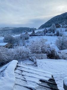 einen schneebedeckten Hof mit einem Zaun und einem Feld in der Unterkunft Belle île in Villers-le-Lac