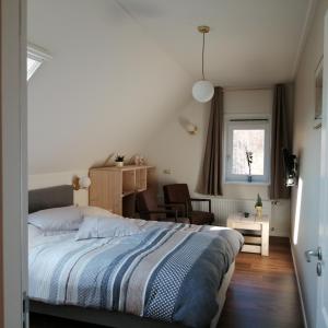 een slaapkamer met een bed, een stoel en een raam bij Veenemaat in Winterswijk