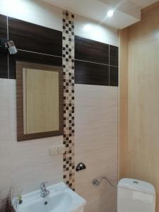 a bathroom with a sink and a toilet and a mirror at Pokoje Ewka in Czarna Góra