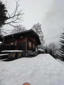 a log cabin with a pile of snow in front of it at Berghütte Wattenberg in Wattenberg