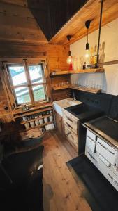 a kitchen with a stove and a sink in a cabin at Berghütte Wattenberg in Wattenberg