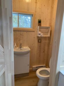 a bathroom with a sink and a toilet and a window at Chalet memphrémagog - 203 in Magog-Orford