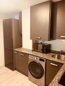 a kitchen with a washing machine and a sink at Apartamento Rio San Isidro 1 in Felechosa