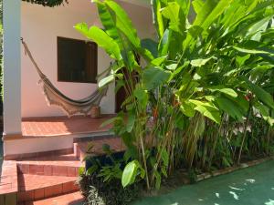 a room with a hammock and some green plants at Pousada do Mineiro in Trancoso
