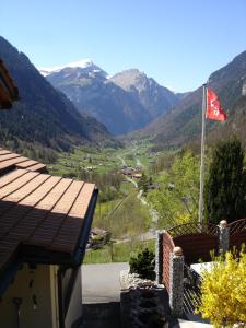 a flag on a house with a view of a valley at Ferienwohnung Stalden in Lütschental