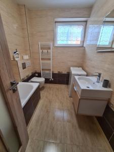 a bathroom with two sinks and a tub and a toilet at Apartmány Šafrán in Bardejovské Kúpele