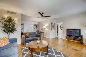 a living room with a blue couch and a tv at Mid Century Modern Beauty in San Antonio