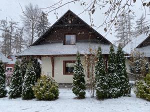 ein Haus mit Weihnachtsbäumen im Schnee in der Unterkunft Chalúpka Bratov v resorte APLEND in Veľký Slavkov