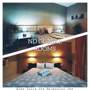 two pictures of a hotel room with a bed at N.D Global Alba Iulia in Alba Iulia