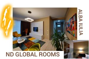 a living room with a no global rooms sign at N.D Global Alba Iulia in Alba Iulia
