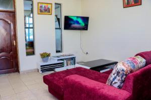 Rubistones في نيفاشا: غرفة معيشة مع أريكة حمراء وتلفزيون