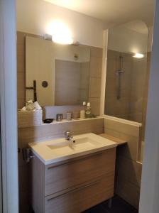 a bathroom with a sink and a shower with a mirror at Bel Appartement avec terrasse proche des plages in Saint-Gilles les Bains