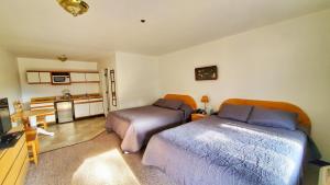a bedroom with two beds and a kitchen at Corral Creek Lodge in Kernville