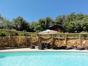 a pool with chairs and an umbrella next to a stone wall at Domaine de la Borie in Trans-en-Provence