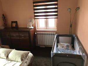 sypialnia z łóżeczkiem dziecięcym i oknem w obiekcie Gór-SKI Apartament w Szklarskiej Porębie