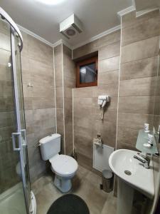 a bathroom with a toilet and a sink and a shower at Cabana Rares in Ranca +96 photos