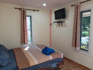 1 dormitorio con 1 cama y TV en la pared en Baan Hin Sai Suay, en Nong Sarai