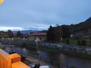 a view of a river with cars parked next to a fence at Apartamentos tiu Enrique 4 Piso in Cangas de Onís