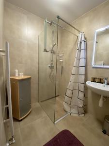 W łazience znajduje się szklana kabina prysznicowa i umywalka. w obiekcie Apartment No.28 Jasná w Demianowskiej Dolinie