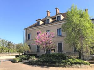a large house with a pink tree in front of it at Charmant appartement plein centre ville - parking privé in Auxerre