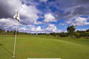 un campo de golf con una bandera en el green en Private Hot Tub Cabin, Pergola and Large Decking Area, en Swarland