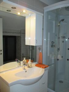 a bathroom with a sink and a shower at Studio Brnat in Kobarid