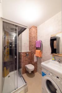 Un baño con ducha, inodoro y lavabo. en Дизайнерская студия на Броско, en Khabarovsk